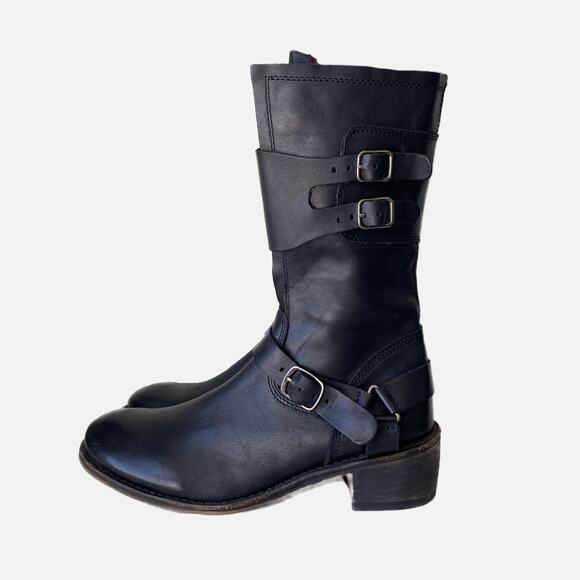 Gee'WaWa Motorcycle Biker Boots Mid Calf Black Leather Harness Straps Women 9 M - Picture 3 of 16